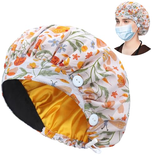 Image of ABAMERICA Bouffant Caps with Button and Sweatband, Adjustable Scrub Caps for Women Men, One Size Multi Color