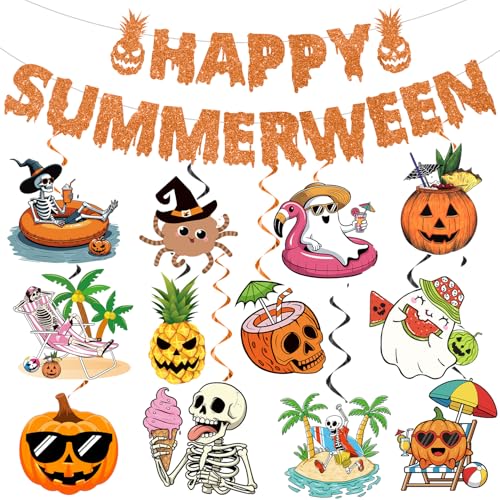 Summerween Decorations Banner And Spiral Set For Bright Spooky Banner Summerween Party Decorations With Hanging Swirls For Indoor Outdoor Home Celebration