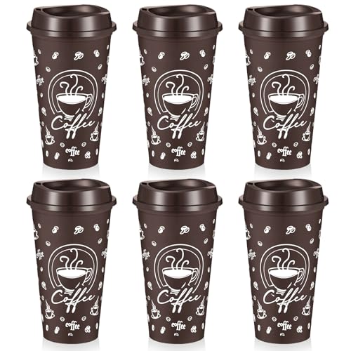 Skybooly 6 Sets Reusable Coffee Cups with Lids, 16oz, Brown