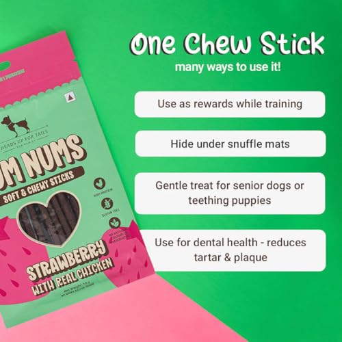 Image of Yum Nums by HUFT Soft & Chewy Sticks - 200 gm | Strawberry & Chicken | Dog Treats for Puppy & Adult Dogs | Training Treats for Small Dogs | Dog Snacks & Treats | Healthy & Tasty