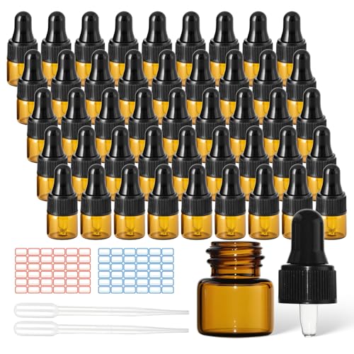 Syhdfxknp 45 Piezas 1ml Frasco Cuentagotas Frasco de Pipeta de Cristal Botellas de Vidrio Ámbar con 2 Pipeta Cuentagotas y Etiquetas se Puede Utilizar para Perfumes Aceites Esenciales y Aromaterapia