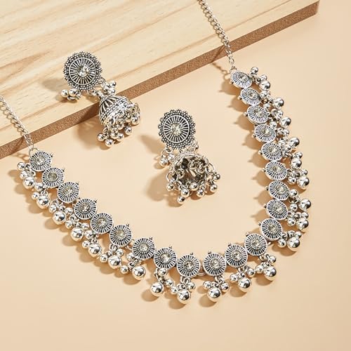 Oxidized-Necklace-Kundan-Indian-Jewelry-Sets for Women Jhumka-Choker-Earrings Chain Silver Jewelry Sets 5