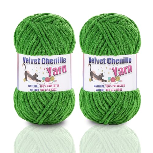 Image of 2 * 100g /3.5oz Fluffy Chenille Yarn for Crocheting, Chunky Velvet Yarn for Crochet Amigurumi, Used for Making Baby Yarns Blanket, Clothes, Pattern Knitting Creations (Green)