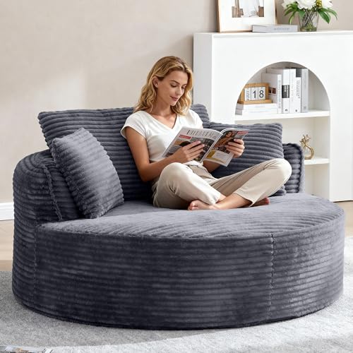 Image of Oversized Round Chair Lounge Chaise Indoor, 53.5 inch Upholstered Corduroy Deep Seat Single Cloud Sofa Chair, Fluffy Modern Large Circle Boneless Sleeper Sofa for Living Room, Bedroom, Dark Grey