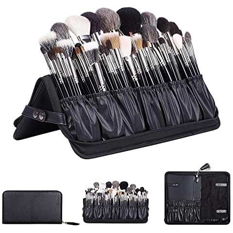 Rownyeon Professional Makeup Brushes Organizer Bag Makeup Artist Cosmetic Case Leather Handbag Black Travel Portable(Only Bag) Cover