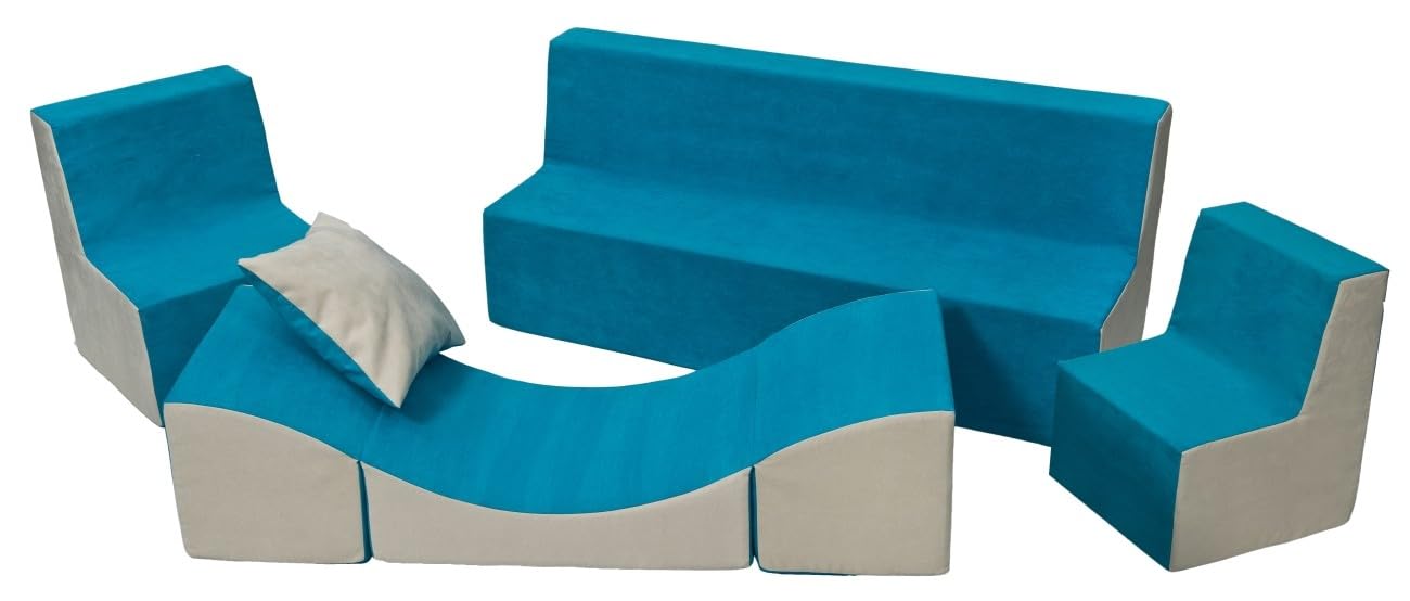 Velinda Kindersitzgruppe: 2xKinderstuhl+Sitzbank+Liegestuhl Kinderzimmermöbel Spiel-Set (Farbe: blau-beige)