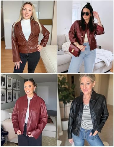 BZB Womens Faux Leather Motorcycle Jacket 2025 Trendy Pockets Bomber Zip Up Cropped Jackets Coat Outerwear4