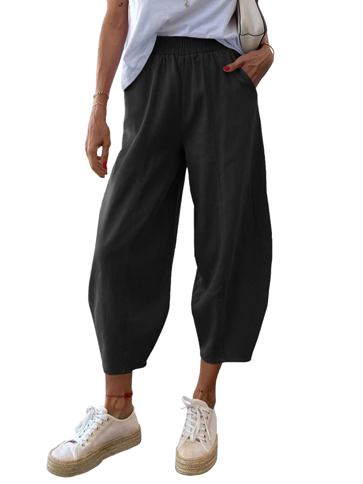 Cicy Bell Womens Summer High Waisted Baggy Pants Casual Cotton Harem Capris Slacks with Pockets