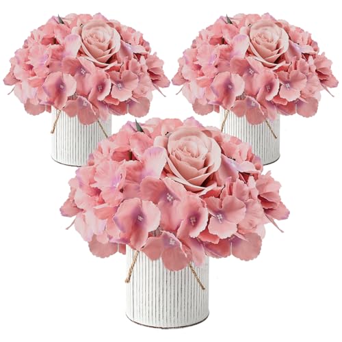 DIYDOFUN Flower Table Centerpieces - Artificial Wedding Hydrangeas Floral Arrangement with Rustic Metal Vase for Bridal Tea Party Event Decorations (Deep Pink, Set of 3 Floral Arrangement)
