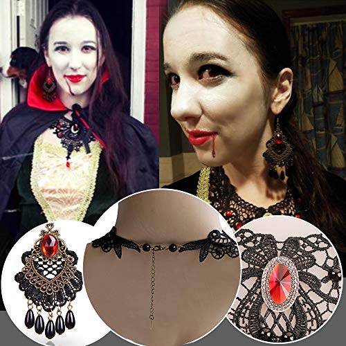 Black Lace Necklace and Earrings Set,BagTu Gothic Lolita Red Pendant Choker for a Halloween Costume and Wedding - Image 3