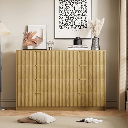 Image of Furniway Mid Century Modern Dresser for Bedroom, 8 Drawer Wood Dresser with Fluted Front, 55 inch Wide Chest of Drawers for Closet, Living Room, Hallway, Natural Oak