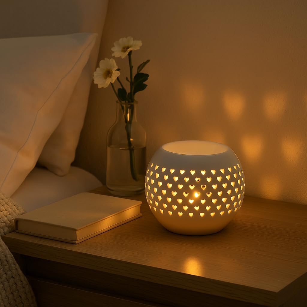 Ceramic Wax Melt Burner with Heart Cutouts – White Spherical Tealight Holder for Aromatherapy, Essential Oils & Home Décor – Romantic Pattern Glow – Heat-Resistant Glazed Design