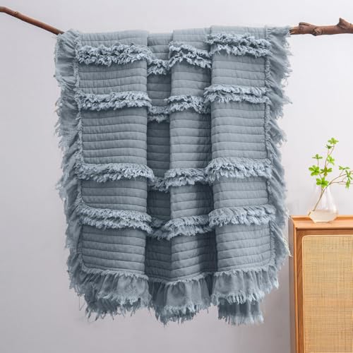 HORIMOTE HOME Ultra Soft Pre-Washed Warm Quilted Throw Blanket, Ruffle Fringed Boho Throw, Stone Washed Chic Rustic Blanket for Sofa Couch Bed Chair, Blue,127x152cm