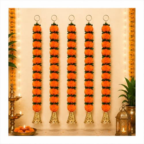 Image of Bindian Artificial Marigold Flower Toran 2.5 Ft Orange with Leaf & Bells | Decorative Bandanwar for Diwali, Pooja, Wedding, Festival, Home Entrance & Wall Decoration (Pack of 5)