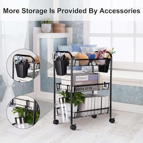 Image of Sulfar 3 Layer Multi Purpose Stainless Steel Rotating Kitchen Trolley Space-Saving Fruits Vegetables Storage Rack Organizer (Black)