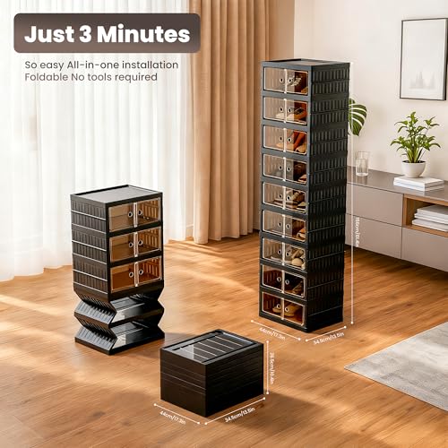 Image of Foldable Shoe Organizer Storage Box, Portable Extra Large Folding Shoe Rack for Closet, Shoe Storage Box with Magnetic Transparent Door and Wheels, 9 Layers 18 Grids