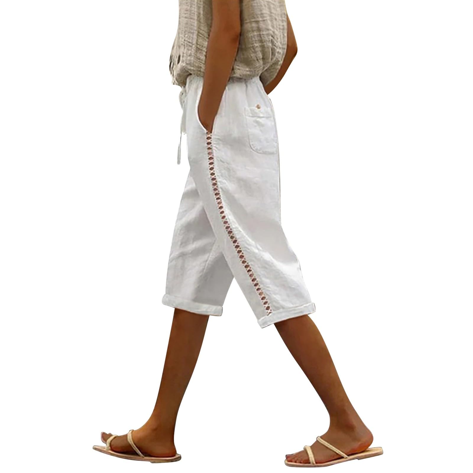 Generisch Pantalones de verano para mujer, ligeros, elásticos 3/4, pantalones de ocio para mujer, pierna ancha, cintura alta, pantalones capri holgados, pantalones piratas de algodón, pantalones rasgados con