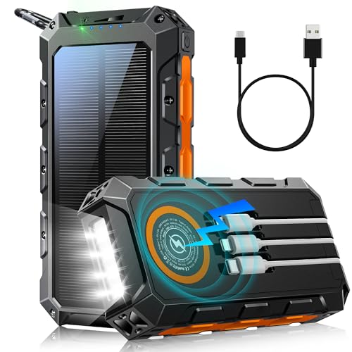 Tnibition Power Bank 46800 mAh, Power Bank Solare 7 Uscite/2 Ingressi con Cavo Integrato, Indicatore luminoso LED, Torcia, Powerbank per Smartphone-Nero-Arancio