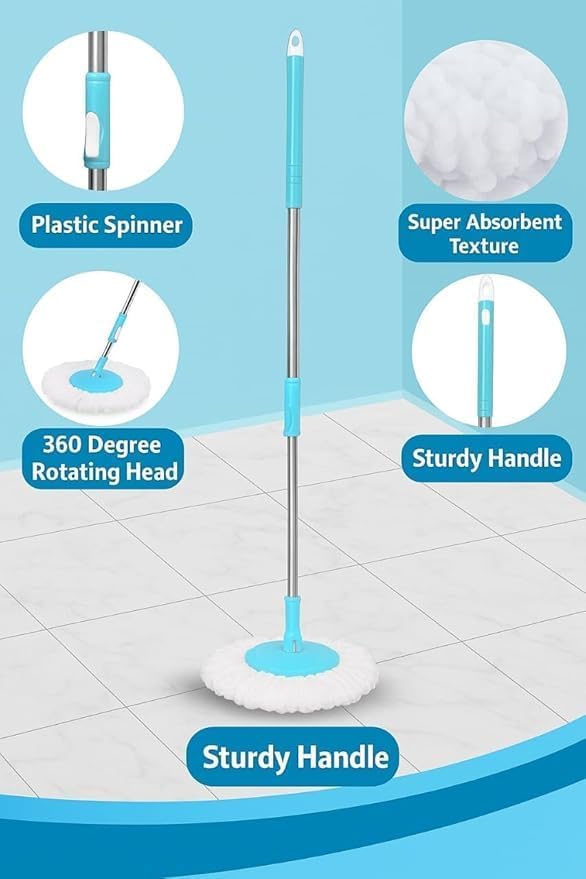 Image of Spin Mop with Extendable Handle, Multi-Surface Floor Cleaning System, Blue and White, Microfiber Pad, Rotating Head for Home, Kitchen