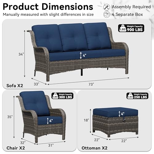 Image of 6 Piece Outdoor Wicker Patio Furniture Set, Patio Chairs Set with Thickened Olefin Cushions, High Back and Deep Seating, Hand-Woven PE Rattan, Ottoman for Porch, Deck