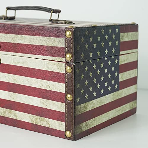 Dreamseden Small Wooden Decorative Storage Box With Handle - Wood Leather Treasure Chest Trunk Keepsake Suitcase, 11.8" X 7.8" X 5.9" (Vintage American Flag) #TOP4