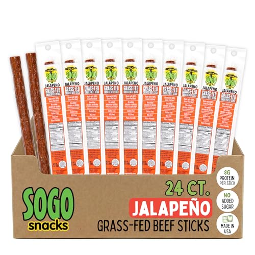 Jalapeno 100% Grass Fed Beef Sticks, Sogo Snacks, Low Carb and Gluten-Free Snack, Hiking and Road Trip Snacks, Snack Pack of 24 Level 3.5 of 5 Spicy Jerky Sticks