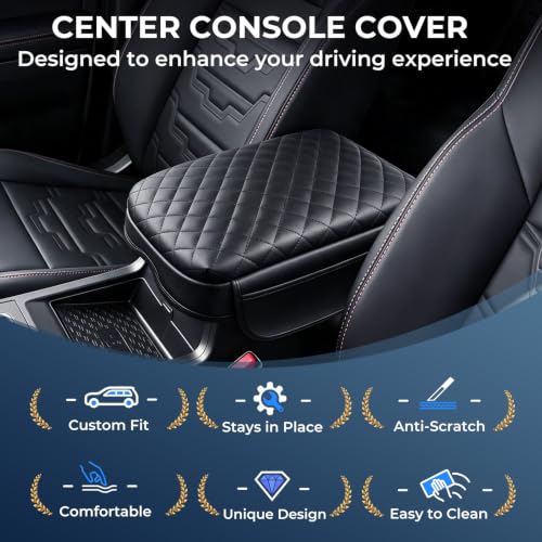 Image of Center Console Cover for Nissan Frontier 2026 2025 2024 2023 2022, 1.2-Inch Thick PU Leather Middle Armrest Cushion Protector Pad with 2 Side Pockets for 2022-2026 Frontier, Black