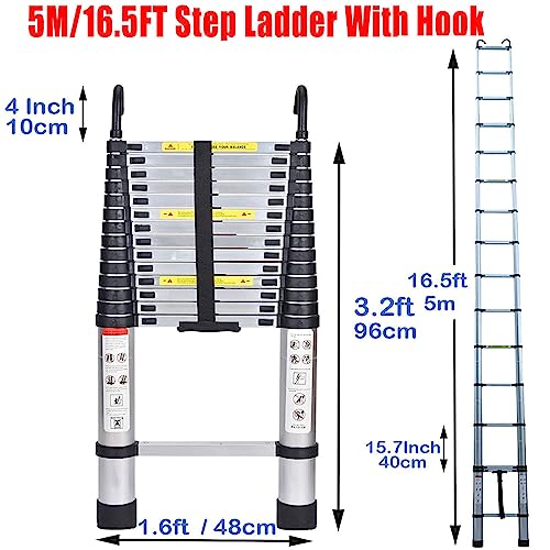 5M Telescopic Ladder with Roof Hook Kit Aluminium Portable Multi-Purpose Folding Portable Heavy Duty Multi-Purpose Aluminium Telescopic Ladder Extendable (16.5FT) 2 5M Telescopic Ladder with Roof Hook Kit Aluminium Portable Multi-Purpose Folding Portable Heavy Duty Multi-Purpose Aluminium Telescopic Ladder Extendable (16.5FT) - Image 2
