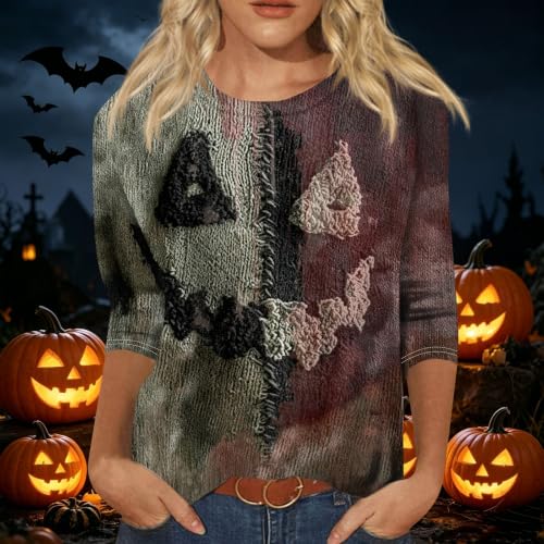 Image of Women Spooky Halloween Graphic Shirt 3 /4 Length Sleeve Crewneck Top | Halloween Funny Printed Pumpkin Plus Size Tshirts 2026 Fall Outfits Skeleton Tee Going Out Tops