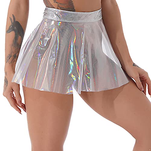 JanJean Womens Shiny Glossy See-Through High Waist Zipper Skirt Flare Ruffled Mini Skirt Clubwear2