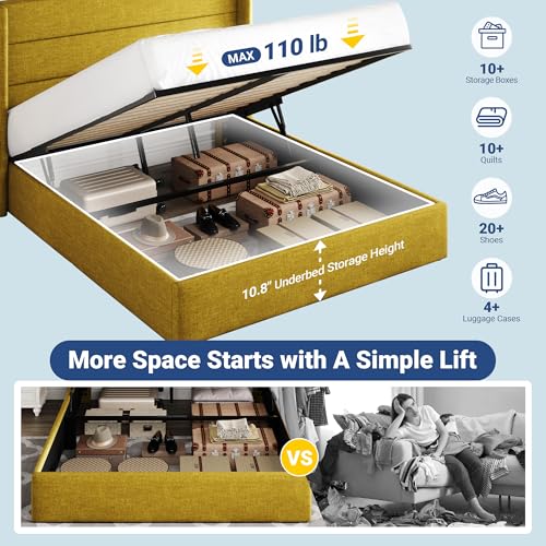 Image of Allewie Full Size Lift Up Storage Bed, Modern Wingback Headboard, Hydraulic Support, No Box Spring Needed, Olive Yellow