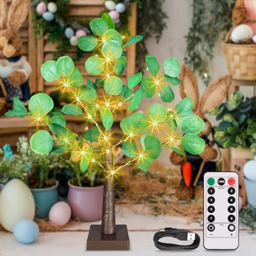 2FT LED Eucalyptus Tree for Tabletop, Eucalyptus Tree with Lights for Home Decor, Prelit Eucalyptus Tree with 8 Flashing Modes and Timer, Lighted Eucalyptus Tree for Easter Spring Decor.