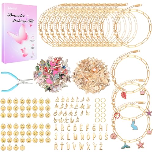Wisreach 417 PCS Stainless Steel Gold Charm Bracelet Making Kit DIY Jewelry Making Supplies with Paperclip Chain Bracelets Charms & Jump Rings Starter Craft Kit Women & Beginners