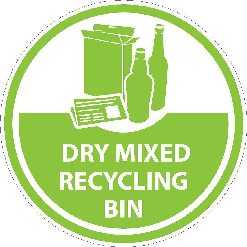 Dry mixed recycling bin, recycling sign - Self adhesive sticker (150mm x 150mm)