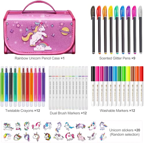 Beefunni Fruit Scented Washable Markers Set 45 Pcs With Glitte Unicorn Pencil Case, Art Supplies For Kids Ages 4-6-8, Creative Art Coloring Painting Kits, Unicorn Gifts For Girls 4 5 6 7 8 9 Year Old #TOP5