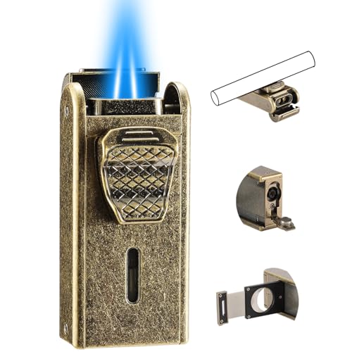 Double Jet Flame Torch Lighter All in One Gas Lighter Built-in Cutter Punch Holder Function Refillable and Adjustable Windproof Butane Lighters Gifts for Men Golden. (Sold Without Gas)