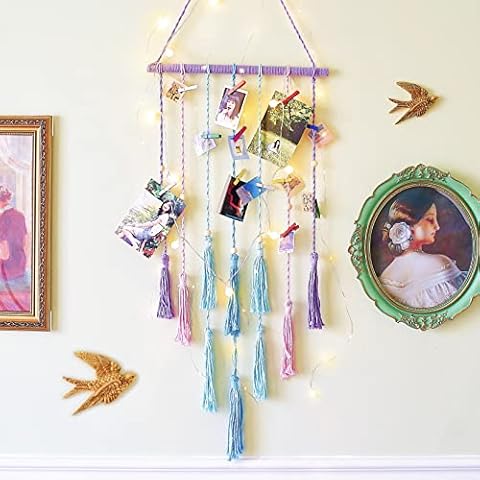 Octfam New Hanging Photo Display Color Macrame Wall Hanging Pictures with Light, Wall Decor, Boho Decor, Teen Girl Gift, Women Gifts, Birthday Gifts, Mom Gifts, Room Decor, Home Decor Cover