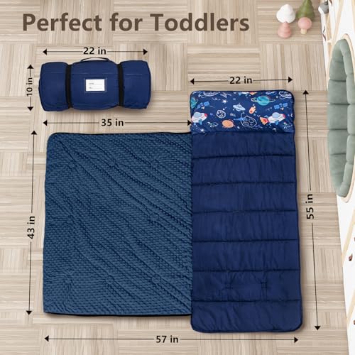Image of Primlect Toddler Nap Mat with Removable Pillow and Fleece Blanket, Extra Large 55''x35'' Sleeping Bag, Washable, Light, Easy to Roll up, Perfect for Daycare, Preschool, Kindergarten, Travel