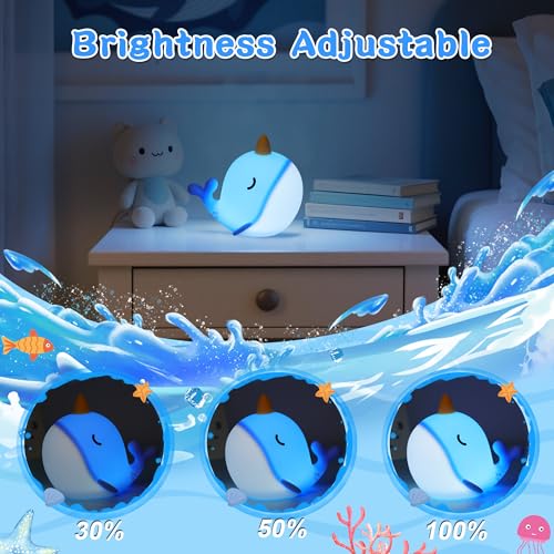 Image of Whale Night Light, Narwhal Ocean Squishy Silicone Lamp with Dimmable & 30 Mins Auto-Off, Rechargeable Baby Nursery Kids Room Decor, Cute Gifts for Boy Girl Birthday Xmas