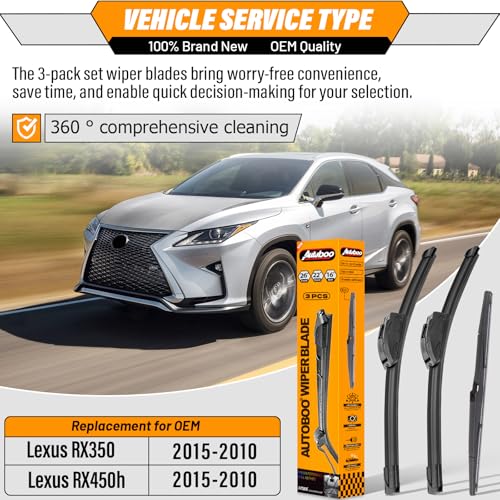 Image of AUTOBOO 26 inch+22 inch Windshield Wipers with 16 inch Rear Wiper Blade Replacement for 2010 2011 2012 2013 2014 2015 Lexus RX450h-Original Factory Quality (Pack of 3)