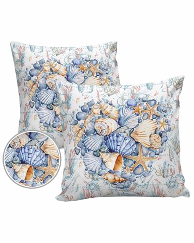 Blue Coastal Shell Outdoor Pillow Covers Waterproof,All Weather Cushion Case Set of 2 Decorative Pillowcases for Sofa Couch Bed Decor Patio Furniture 20