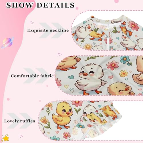 Little Cute Duck Cartoon Flower Girls Long Sleeve Swimsuit Rash Guard One Piece Bathing Suits Zipper 3-12T4