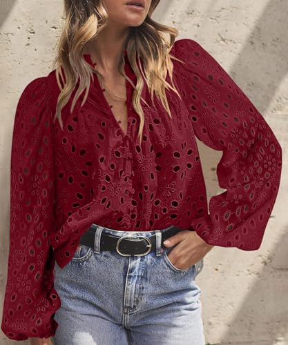 BETTE BOUTIK Women's Long Short Sleeve Tops 2025 Dressy Casual Button Hollow Out Lace Embroidered Blouses Shirts