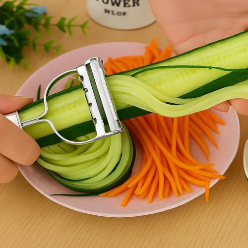 Image of 2 in 1 Stainless Steel Julienne Vegetable Peeler Multi-Functional Fruit & Veggie Shredder Slicer and Grater for Potatoes, Carrots, Cucumbers 3.5 inch Biscuit Cutte (Medium)