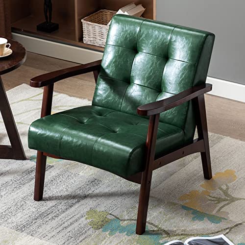 Youthup Mid-Century Pu Leather Armchairs, Modern Retro Tufted Faux Leather Accent Chairs With Oak Wood Frame, Lounge Reading Club Bark Chair For Living Room, Bedroom, Office, Apartment, Green #TOP5