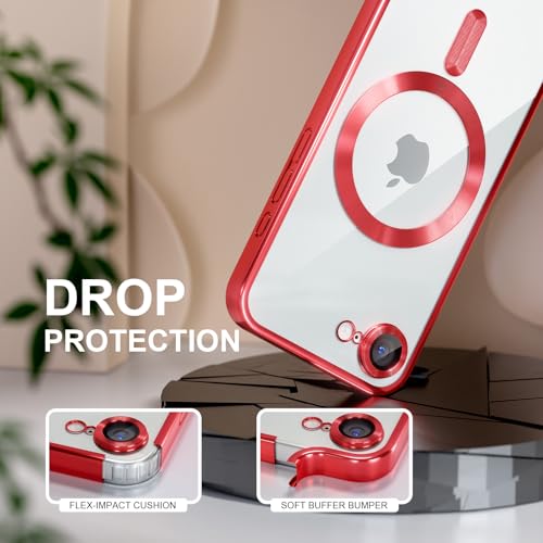 Image of Misea Magnetic for iPhone 17e / 16e Case Compatible with MagSafe Red | [Never Yellowing] [Military Drop Protection] Full Camera Lens Protector Plating Soft Clear Phone Case for Women, Red