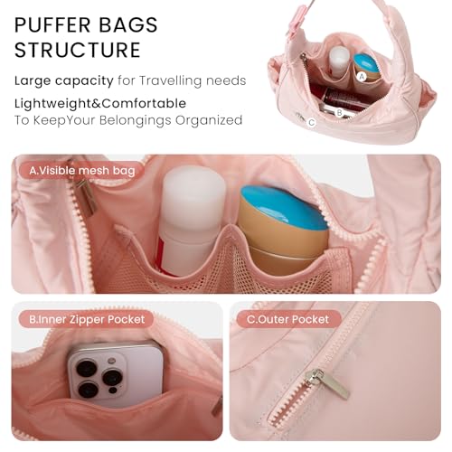 Image of Small Puffer Crescent Shoulder Bag for Women Lightweight Water-Resistant Nylon Purse with Adjustable Strap & Multiple Pockets