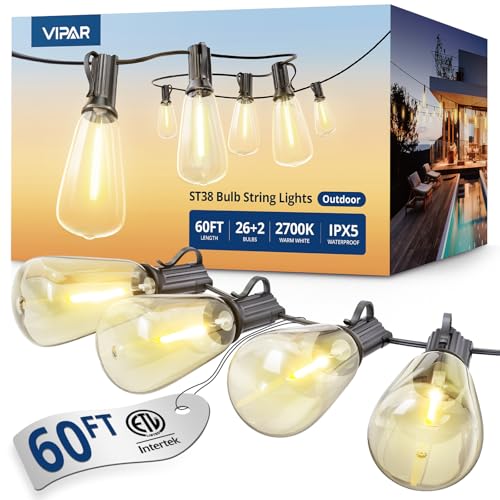 VIPAR Outdoor String Lights 60FT LED Patio Lights LED Waterproof with 26+2 Shatterproof ST38 Edison Bulbs 2700K Connectable Outside Hanging Light for Porch Garden Backyard Deck Balcony Decor