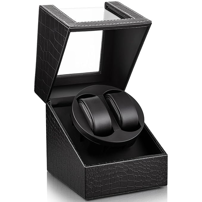 Image of Double Automatic Watch Winder Box, Automatic Watch Display Storage Rotation Wristwatch Box with 2 Slots-Black (CROC)