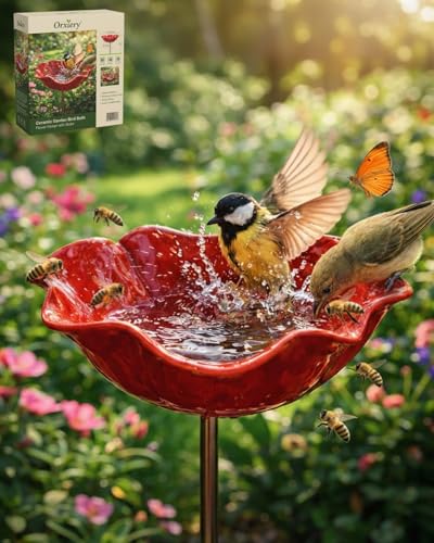 Orxiery Handmade Metal Flower Garden Stake with Bee Bath & Bird Water Bowl Decorative Outdoor Yard Art Butterfly & Pollinator Watering Station Weather-Resistant Garden Decor Gift(Red 1pc)